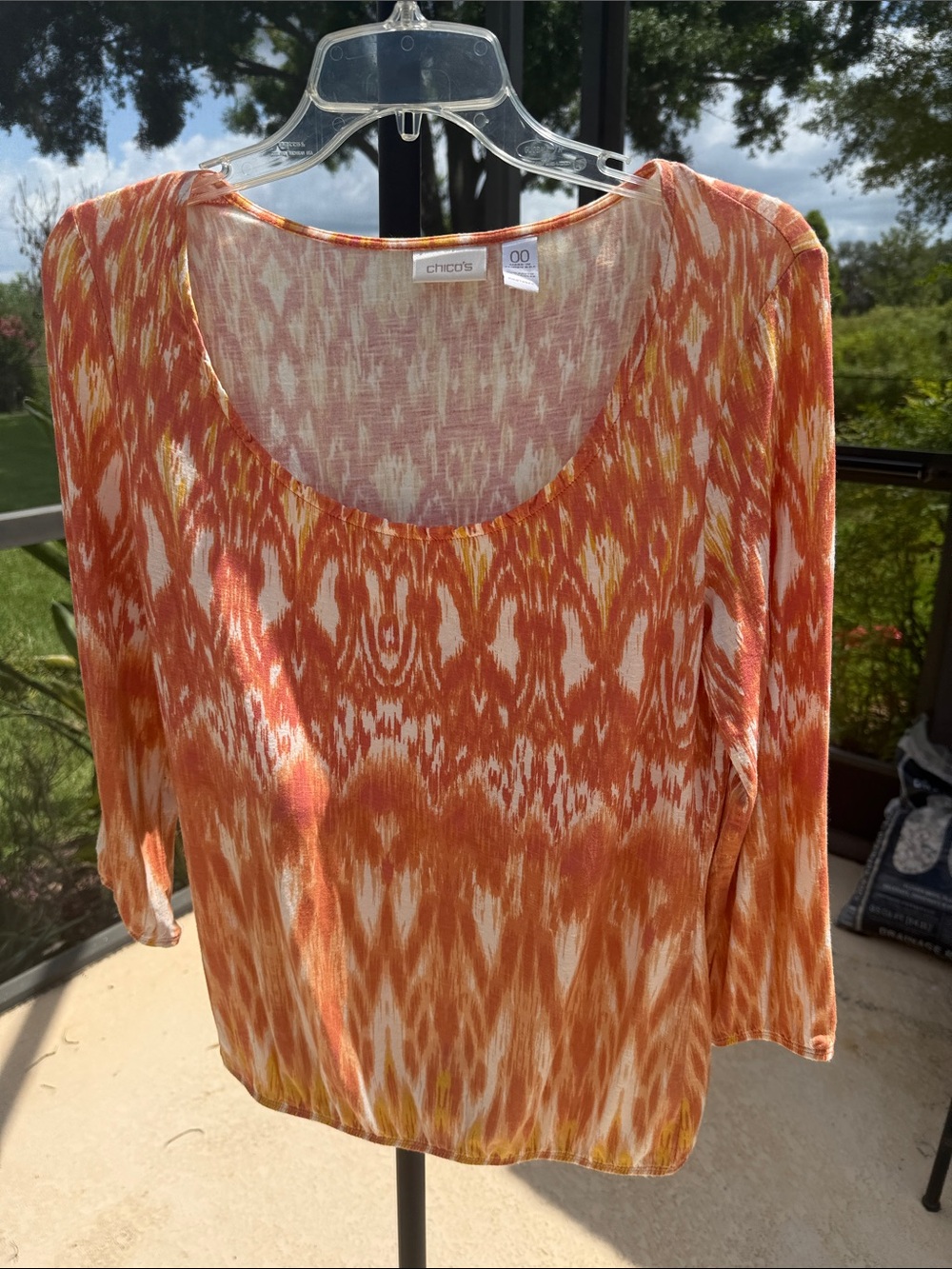 Chico's Orange & Cream Ikat Scoop-Neck 3/4 Long Sleeve Top